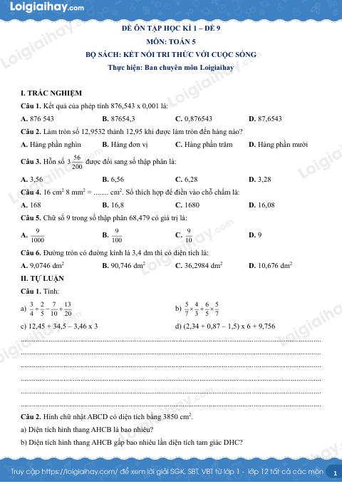 Đề kiểm tra học kì 1 Toán 5 Kết nối tri thức - Đề số 9